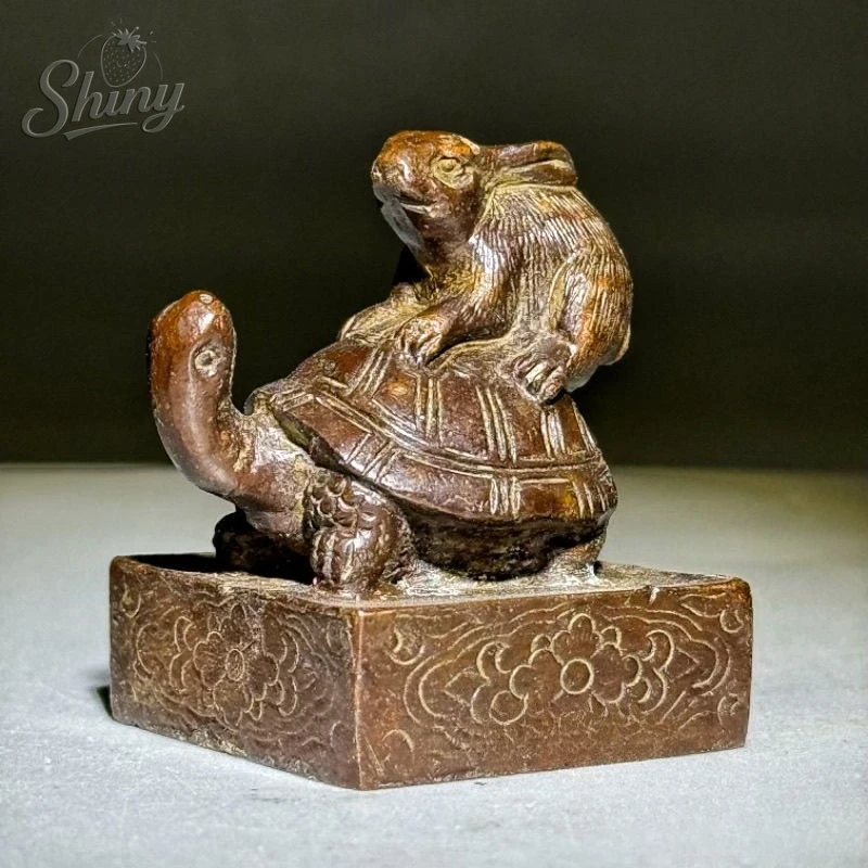 

Antique Square Sanskrit Seal Longevity Tortoise Rabbit Copper Seal Decorative Ornament for Home Protection Wealth Accumulation