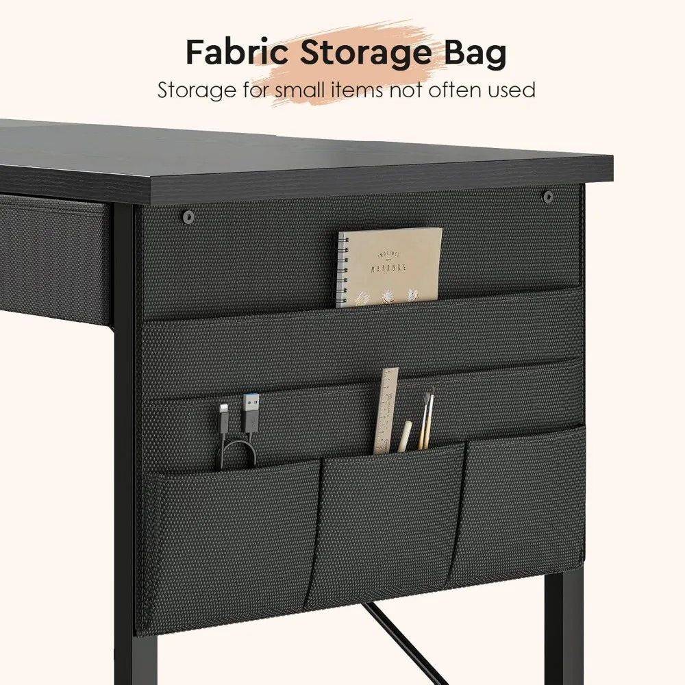 Compact 31.5 Inch Desk with Drawers, Metal Frame, Modern Small Office Computer Table, Black, Space-Saving Furniture for Home Off