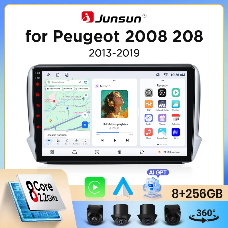 Autoradio Junsun sans fil CarPlay Android Auto pour Peugeot 208 / 2008 Mk1 2012-2019 avec ventilateur de refroidissement intégré, navigation GPS Android, lecteur multimédia, WiFi, DSP, RDS, BT, SWC,