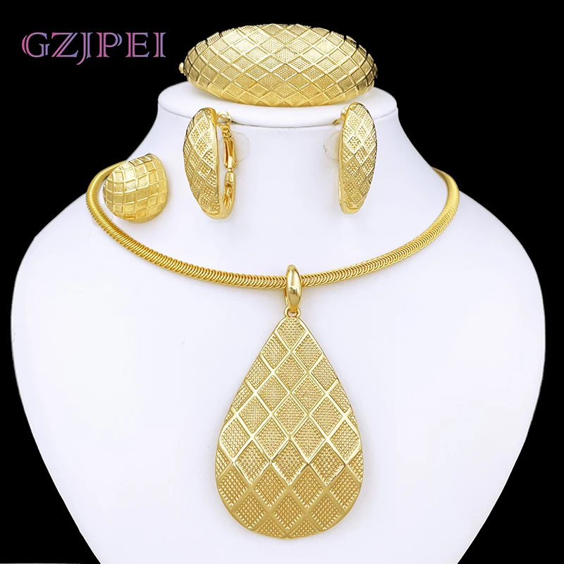 

Jewelry Set For Women Fashion 18K Gold Plated Africa Nigeria Jewelry Full Set Grid Pattern Necklace Earring Ring Bracelet Trendy