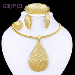 Jewelry Set For Women Fashion 18K Gold Plated Africa Nigeria Jewelry Full Set Grid Pattern Necklace Earring Ring Bracelet Trendy