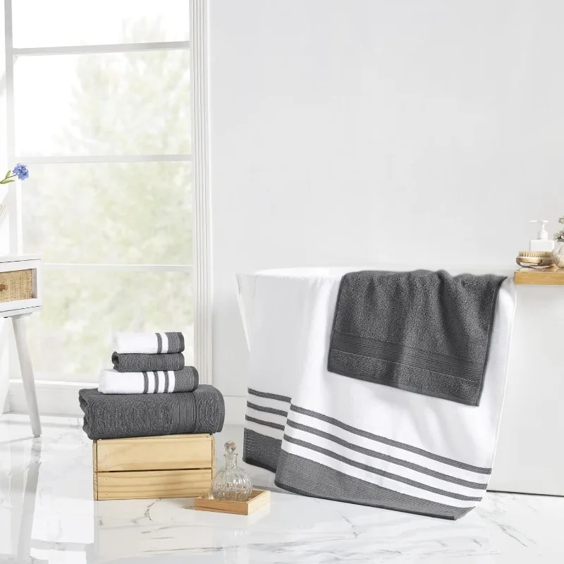 6 Piece Set, 2 Bath Towels, 2 Hand Towels, 2 Washcloths, Quick Dry White/Contrast Reinhart Coal