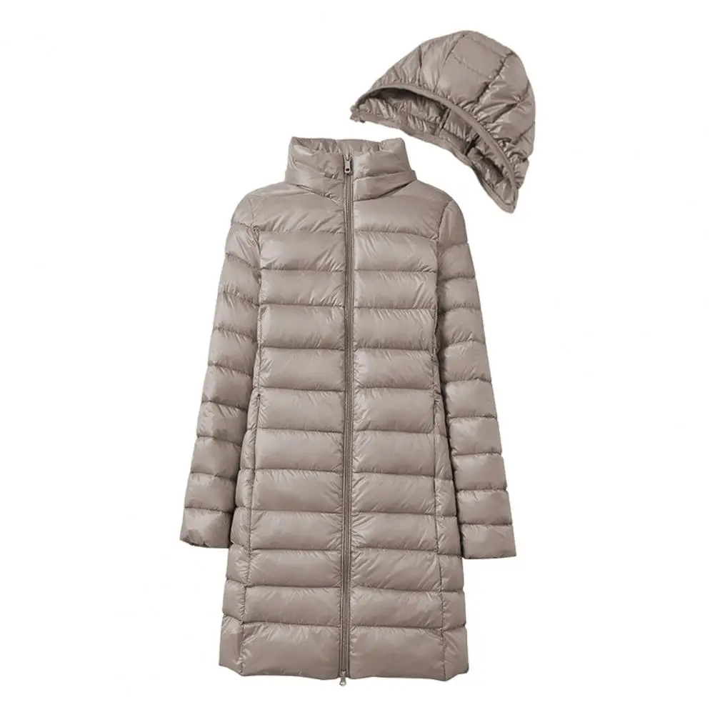 Manteau coupe-vent mi-long léger avec capuche en peluche, sac de rangement, veste rembourrée épaissie, vêtements d'extérieur d'hiver