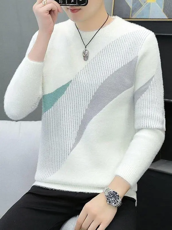 

Мужской вязаный свитер с круглым вырезом, повседневный, белый, шерстяной, зимний, модный, комфортный, средней плотности, с длинными рукавами