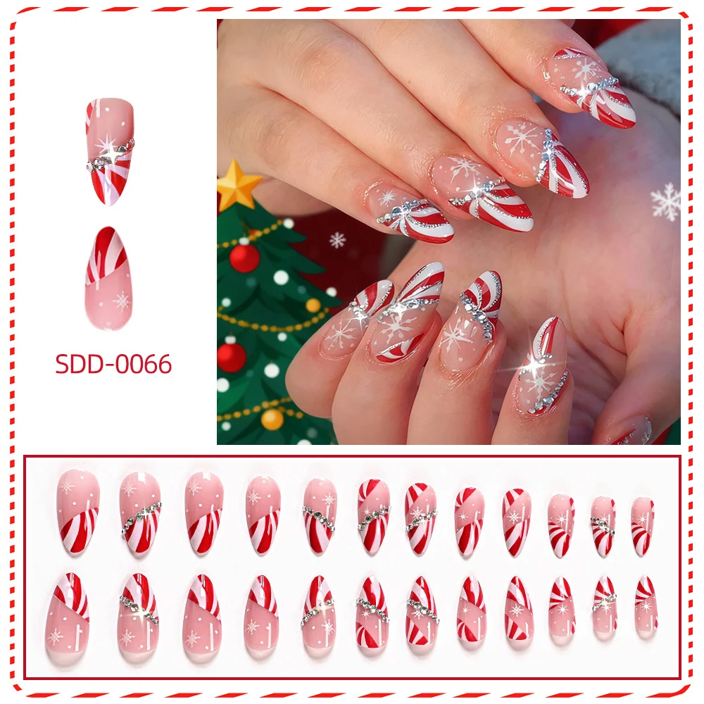24 pièces noël court amande français faux ongles couverture complète faux ongles avec flocons de neige strass noël portable presse sur les ongles