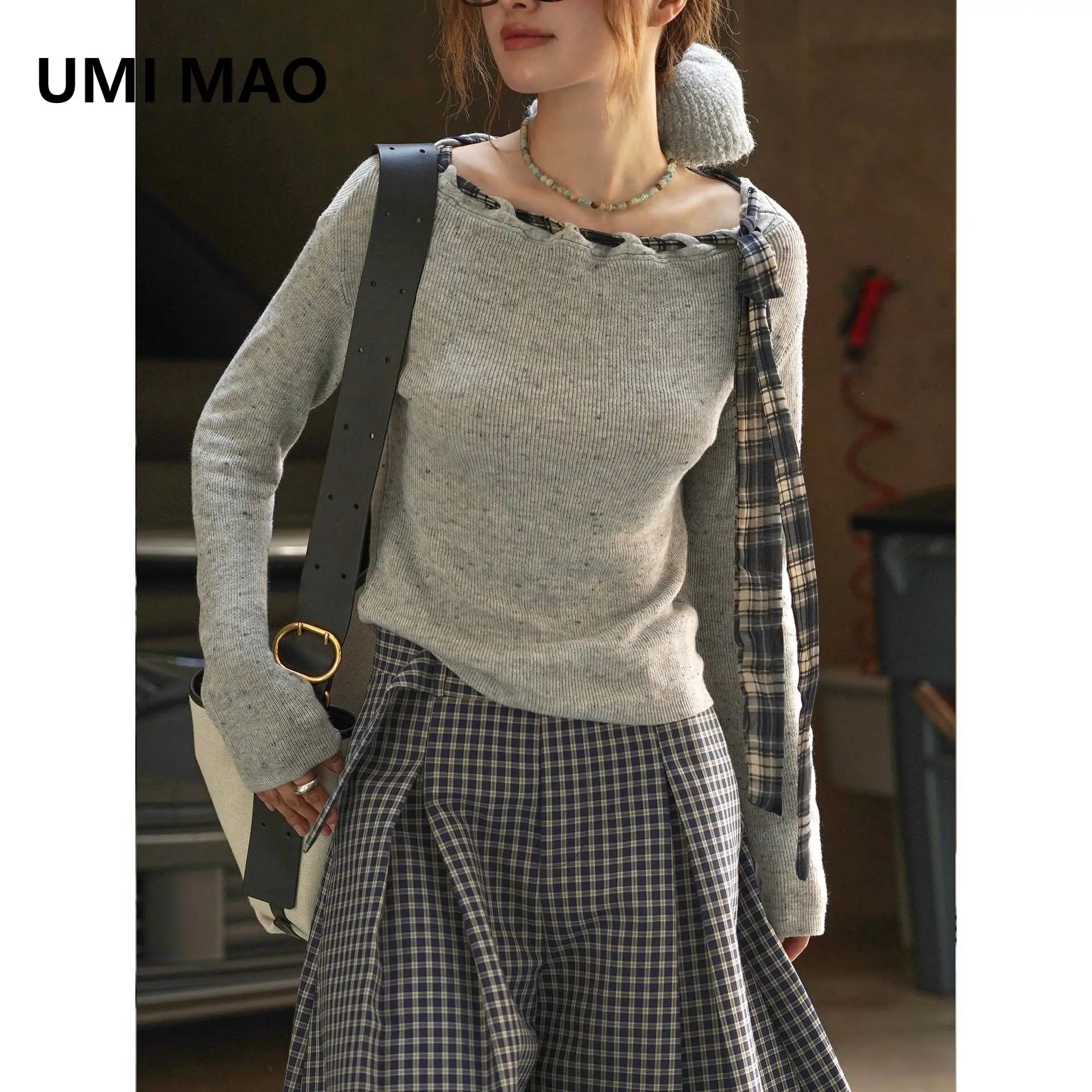

UMI MAO осенняя новая корейская стильная модная дизайнерская клетчатая футболка с завязками на шее, мягкий удобный свободный топ для женщин