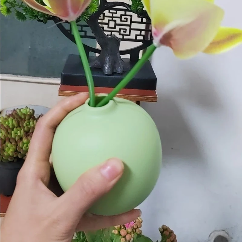 Nordic Ceramic Small Green Oval Shape Vase, Home Dining Table Living Room Bedroom, Office, Tabletop Decoration, Flower Ware, 1Pc