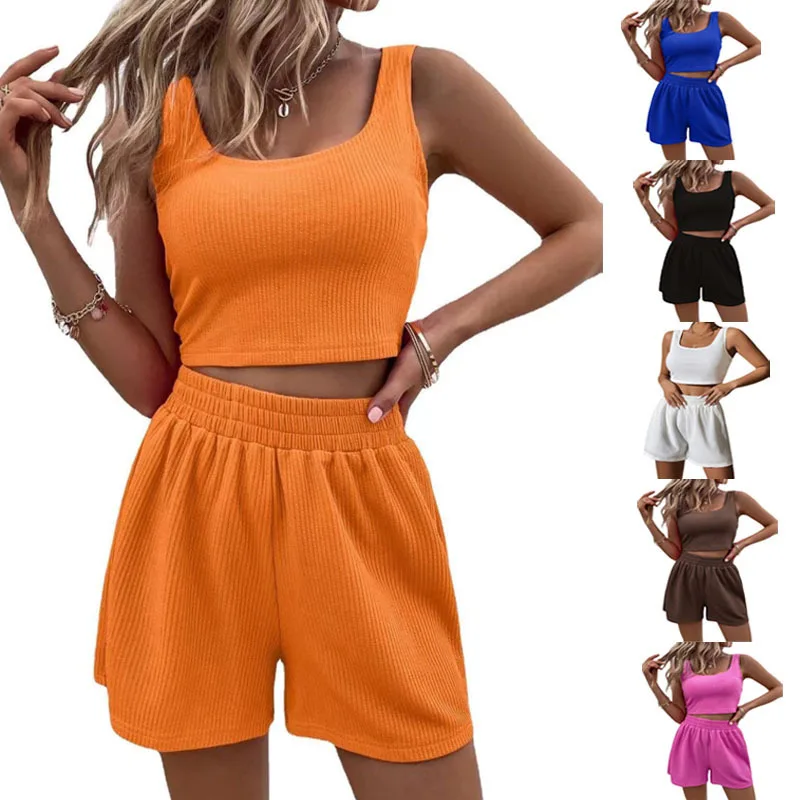 

2024 Summer Sleeveless Casual Solid Color Sporty Suit Women's Solid Color Sexy Waist Vest Casual Tethered Shorts Two-piece Set