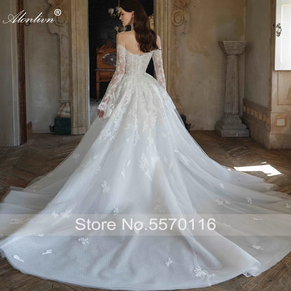 فساتين زفاف Alonlivn مصنوعة حسب الطلب من الدانتيل الساحر حورية البحر عاري الكتفين وأكمام طويلة ذيل قابل للإزالة 2 في 1 فساتين العروس