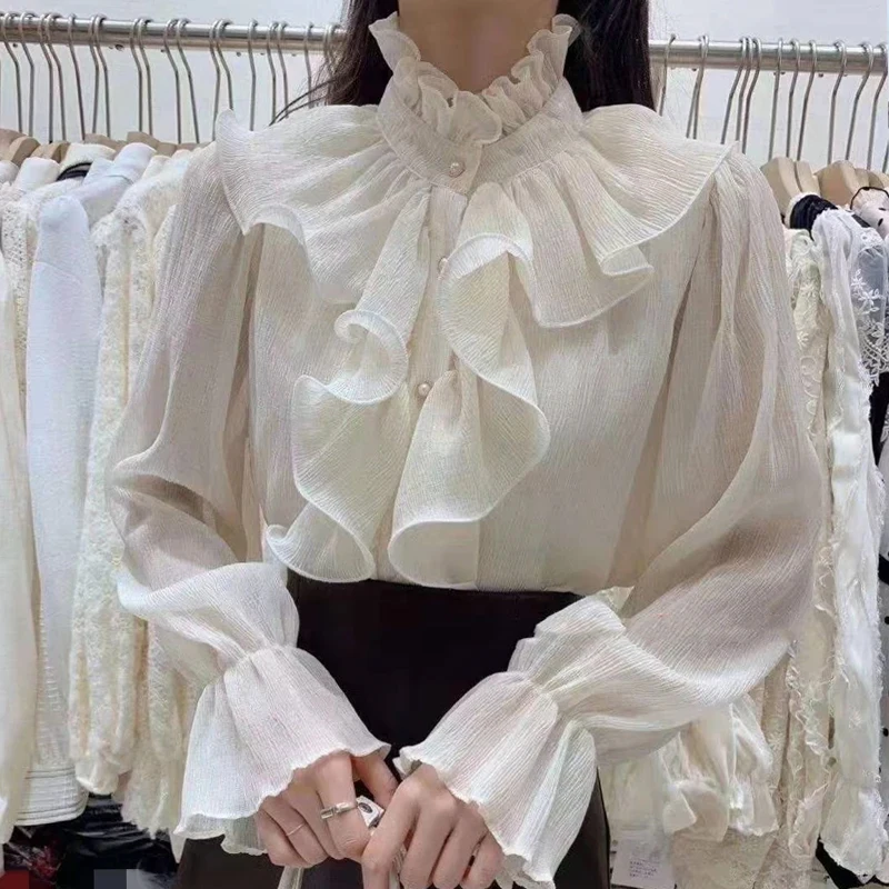 Spring Flare Long Sleeve Chiffon Shirt 2024 Ruffle Stitching Palace Blouse Women Buttons Ruched Loose New Stand Collar Top 12946