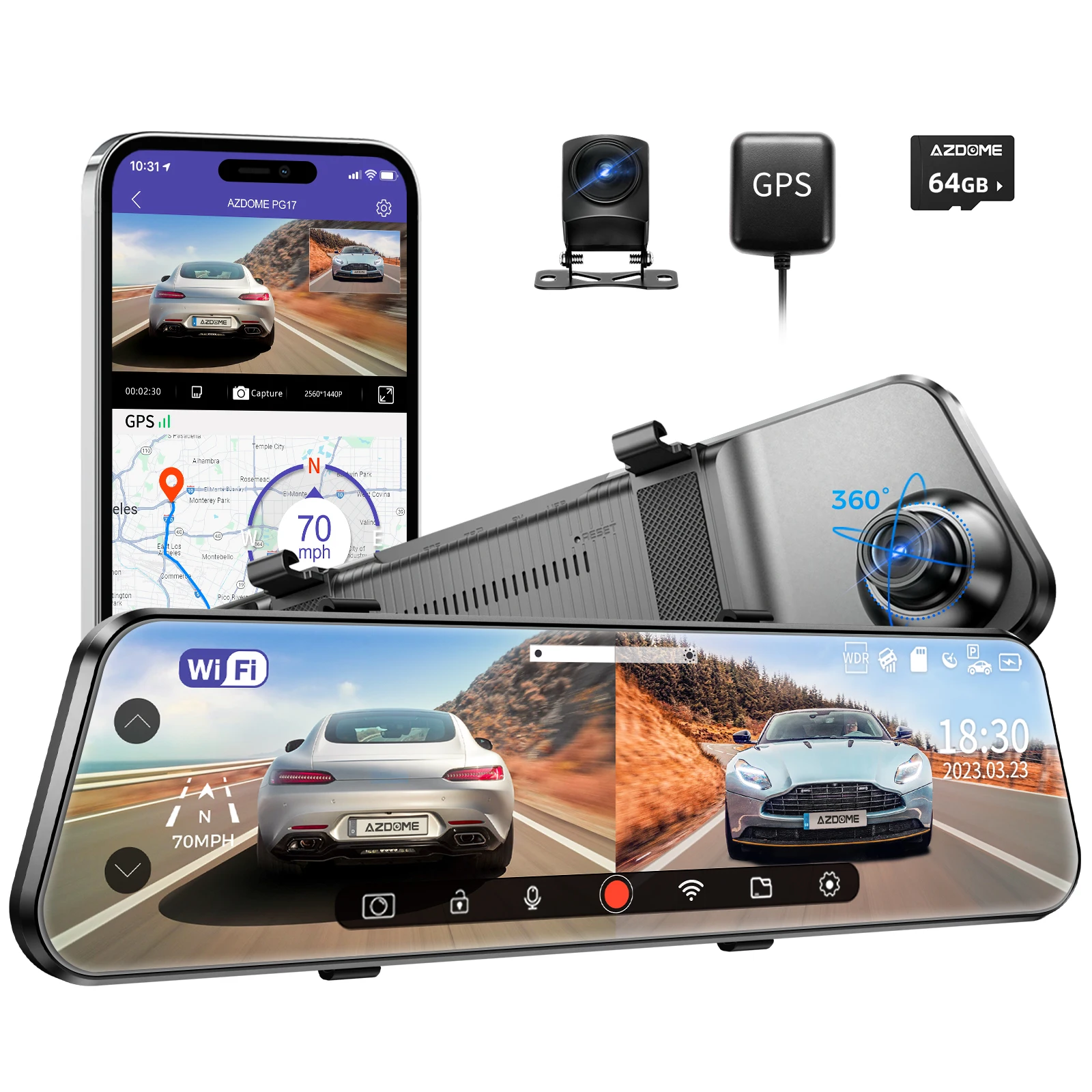 AZDOME PG17 2K+1080P 11.26 Inch Dual Lens Car Streaming Mirror Dash Cam DVR Camera 2K Auto Video Recorder 1080P Rear View Camera