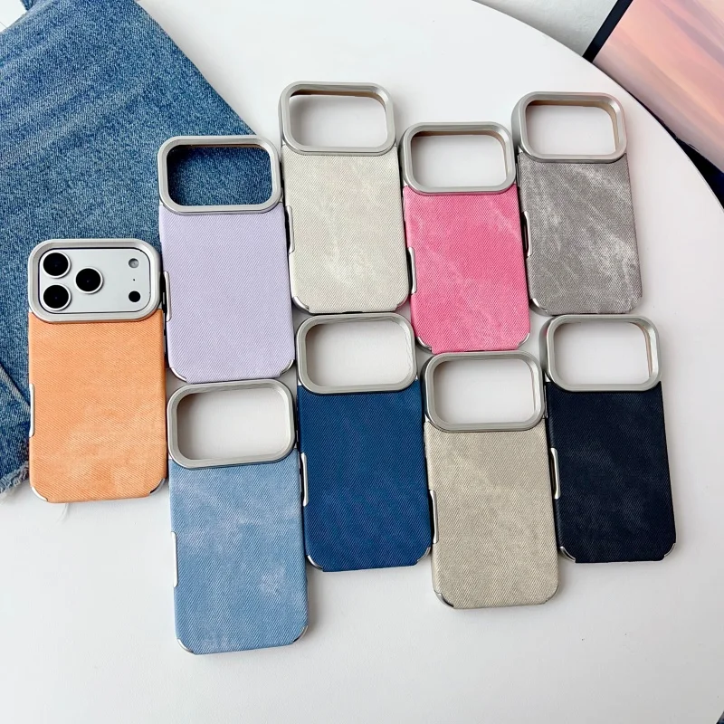 Luxo denim jeans caso de telefone para iphone 11 12 13 14 15 16 17 pro max plus ar 17air 17promax lente galvanizada capa de couro