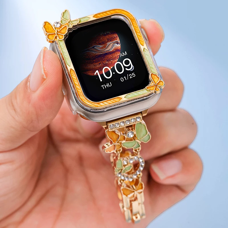 

Metal Strap+Screen Protector Case For Apple Watch Series9876SE54 40/41Mm Adjustable Band For women Bracelet For Iwatch 44/45mm