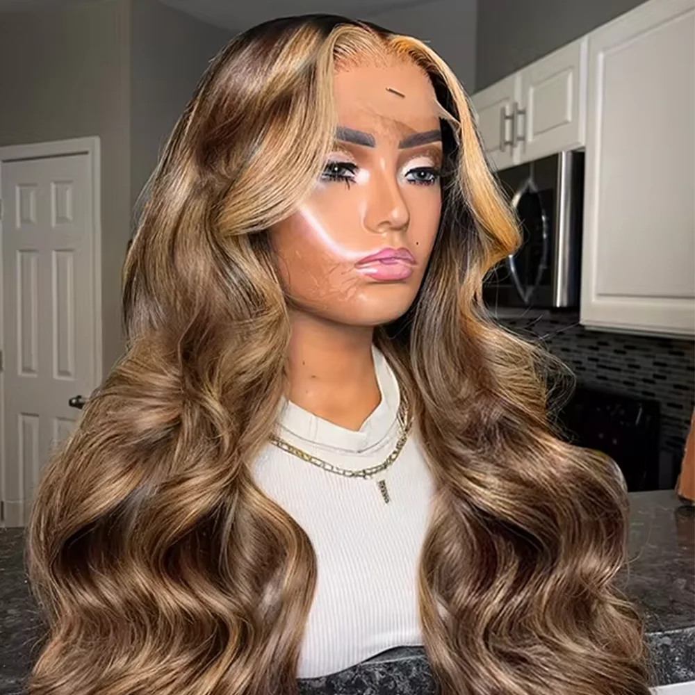 P427 36 Zoll Ombre Honigblonde Echthaar 13x4 Highlight Body Wave Lace Front Perücke 13x6 Vorgezupft Mit Baby Hair 200 Dichte