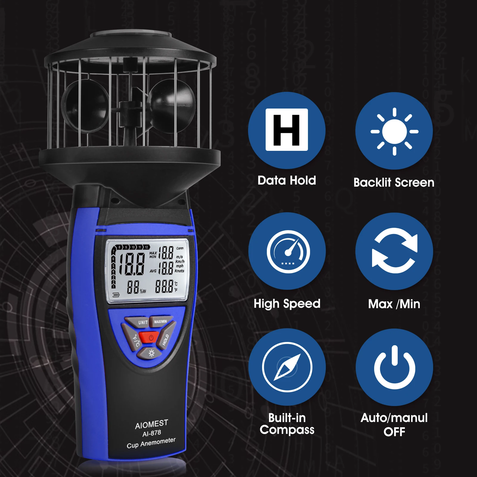 

Portable Anemometer 878 Wind Air Flow Velocity Meter for Drone Pilot Sailing HVAC Measuring Tool with Tripod Mount Temp Switch
