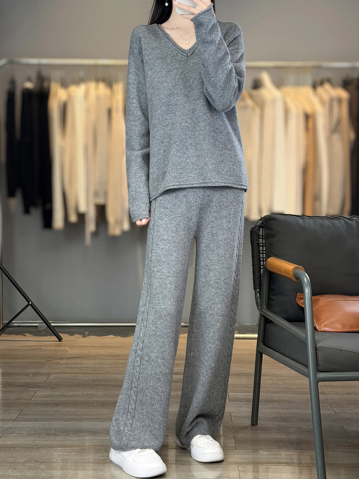 Autumn Winter Fashion 100% Pure Wool Suits Women's V-neck Rolled Soild Loose Knit Sweater Two-piece Set Wide-leg Side Cable Pant