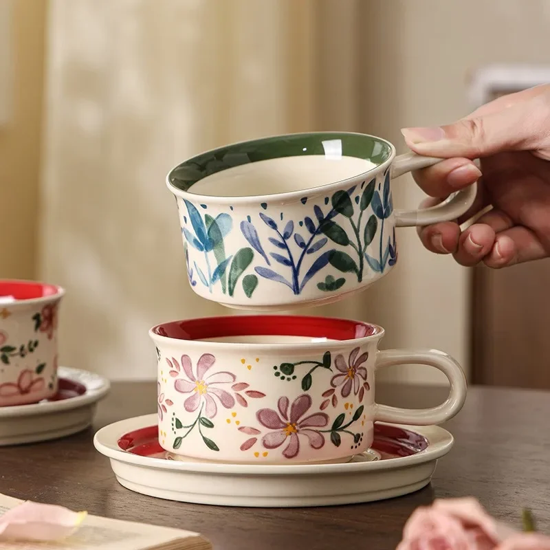 Coffee Cups and Tea Saucers Ceramic Cups Hand-painted Retro Holiday Floral Patterns Home Drinking Utensils Pastoral