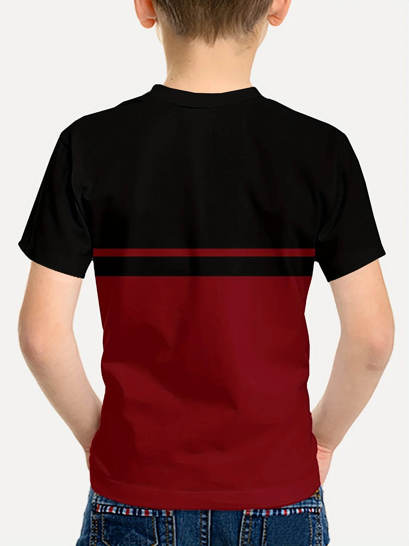 Kids Fashion Split Color Tee, Black & Red Panel With King Crown Print Short Sleeve Crew Neck Boys Daily T-Shirt