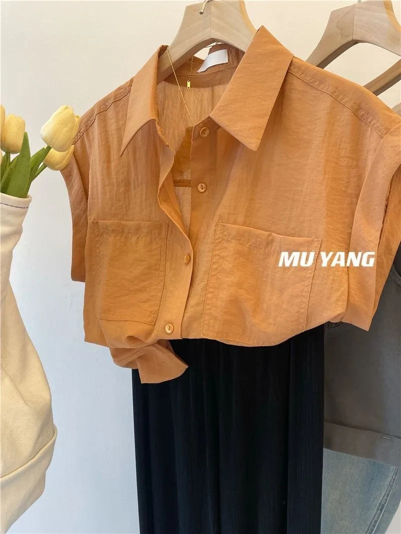 XEJ Chic Woman Blouse for Woman Korean Slightly Transparent Sleeveless Shirt Chiffon Orange Top Summer Women\'s Shirts 2024