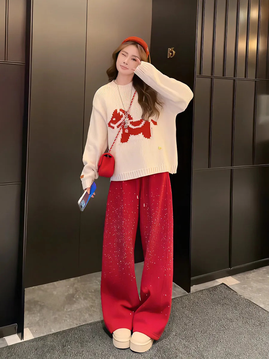 

Winter Knitted Sweater And Casual Pants Set for Women plus Size Festive New Year Year Bright Sequins Beautiful Ensemble