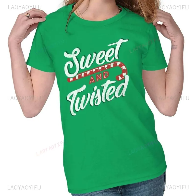 Christmas Sweet and Twisted Candy Cane Xmas Womens Top Junior Graphic Tee Hot Sale Cozy Pullover Sweatshirt Round Collar Tee