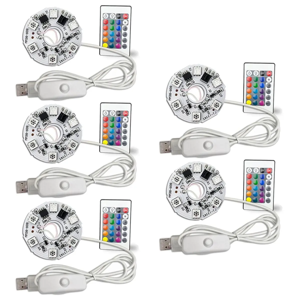 DT75BG 5PCS Input DC5V Color Gradient LED RGB Light Board White USB Switch Cable and Remote Control 38MM