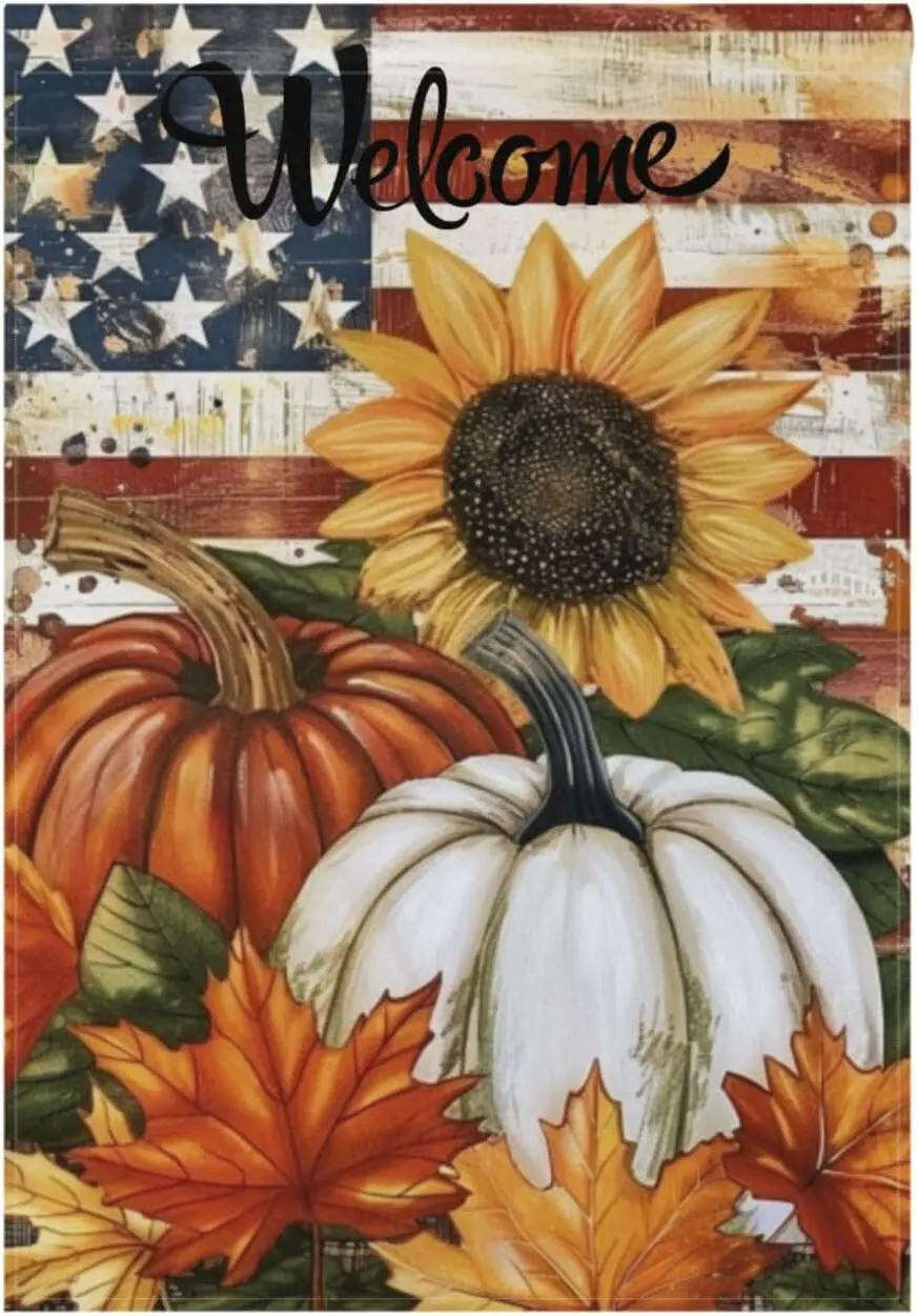 Wamika Welcome Fall Garden Flag Double Sided 12x18 inch Patriotic American Flag Thanksgiving Autumn Harvest Pumpkin House Flag R