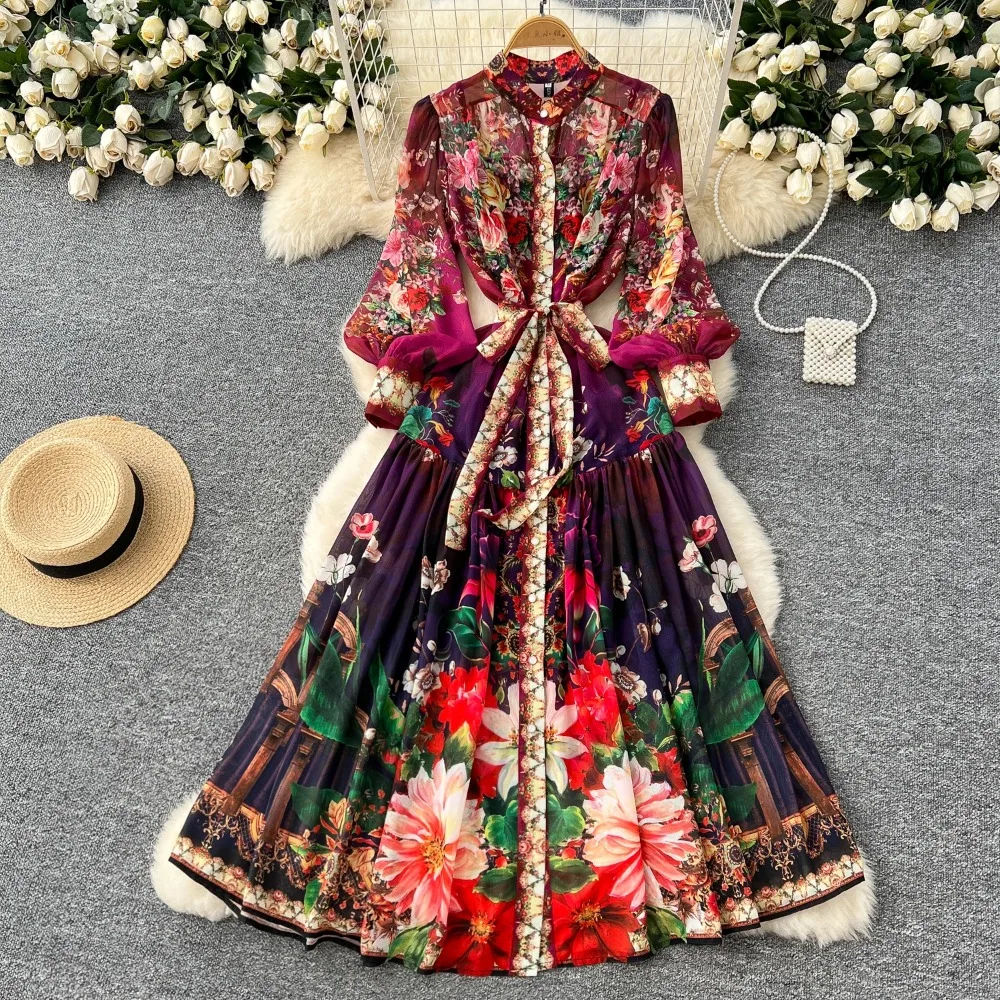 Elegantes, schickes Vintage-Abendkleid aus Chiffon mit Schnürung und Laternenärmeln, einreihig, gerüscht, koreanisches High-Street-Fashion-Basics-Abendkleid