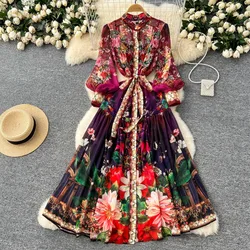 Vintage Elegant chic chiffon lace-up lantern sleeve Single Breasted Ruched korean High Street Fashion basics evening dress