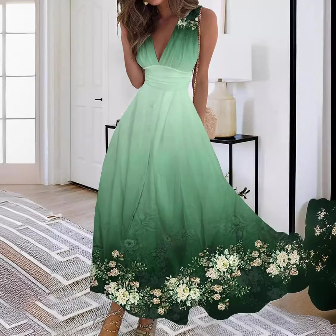 

Deep V-Neck Sleeveless Sexy Women's Elastic Waist Long Dress High Waist Party Sundress Elegant Evening Dresses Vestidos Платье