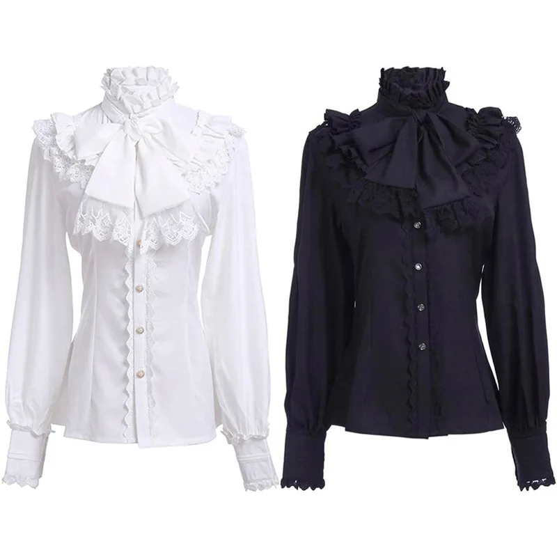 

Retro Gothic Women's Shirt Long Sleeved Ruffled Blouses Stand Collar with Bow T Shirts for Women Button Down Pleated Top Shirt