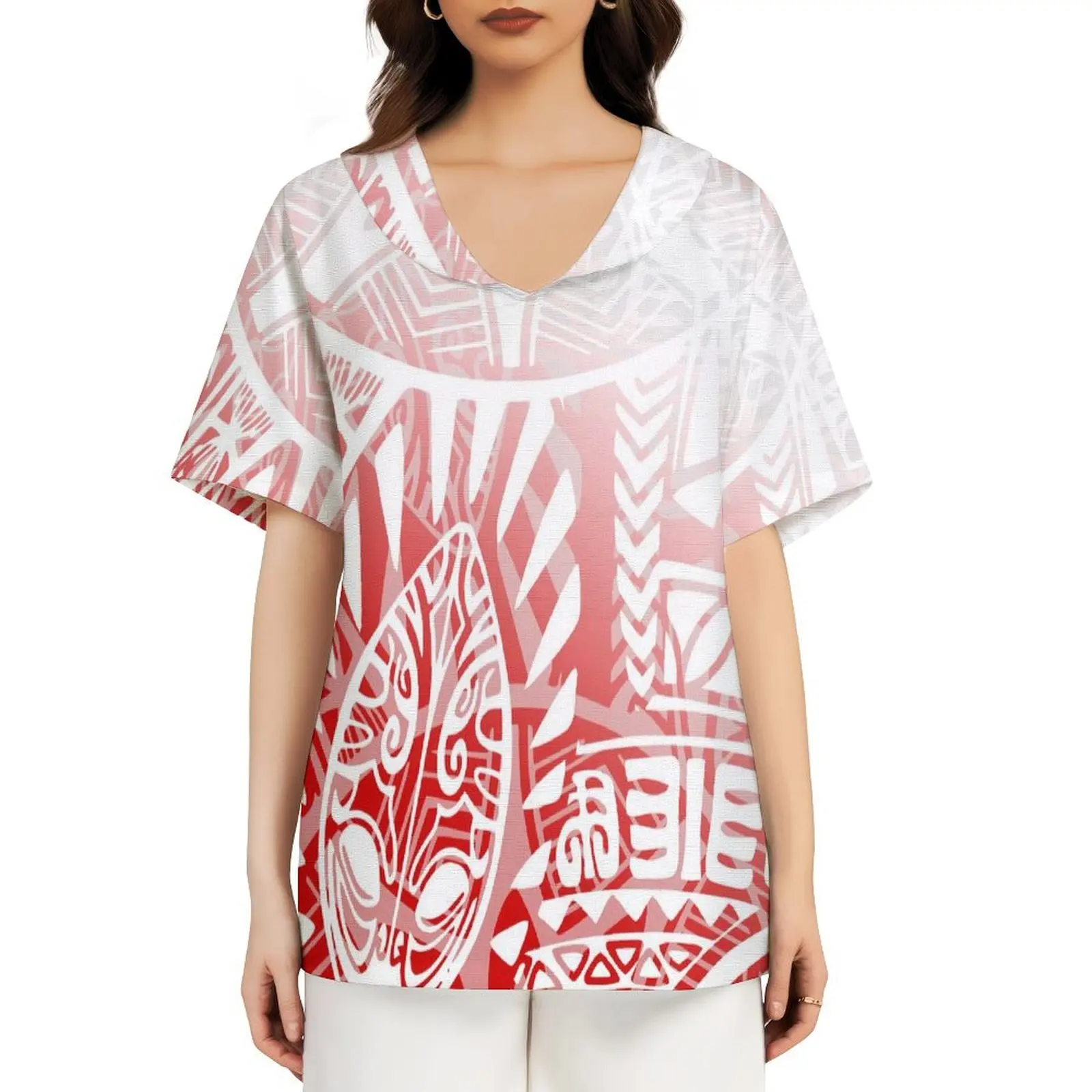 Low Price Wholesale Custom Logo PolynesianHawaii Tribal Print Shirt Summer Women Blouses Loose Tops Plus Size V-Neck Ladies Tshi