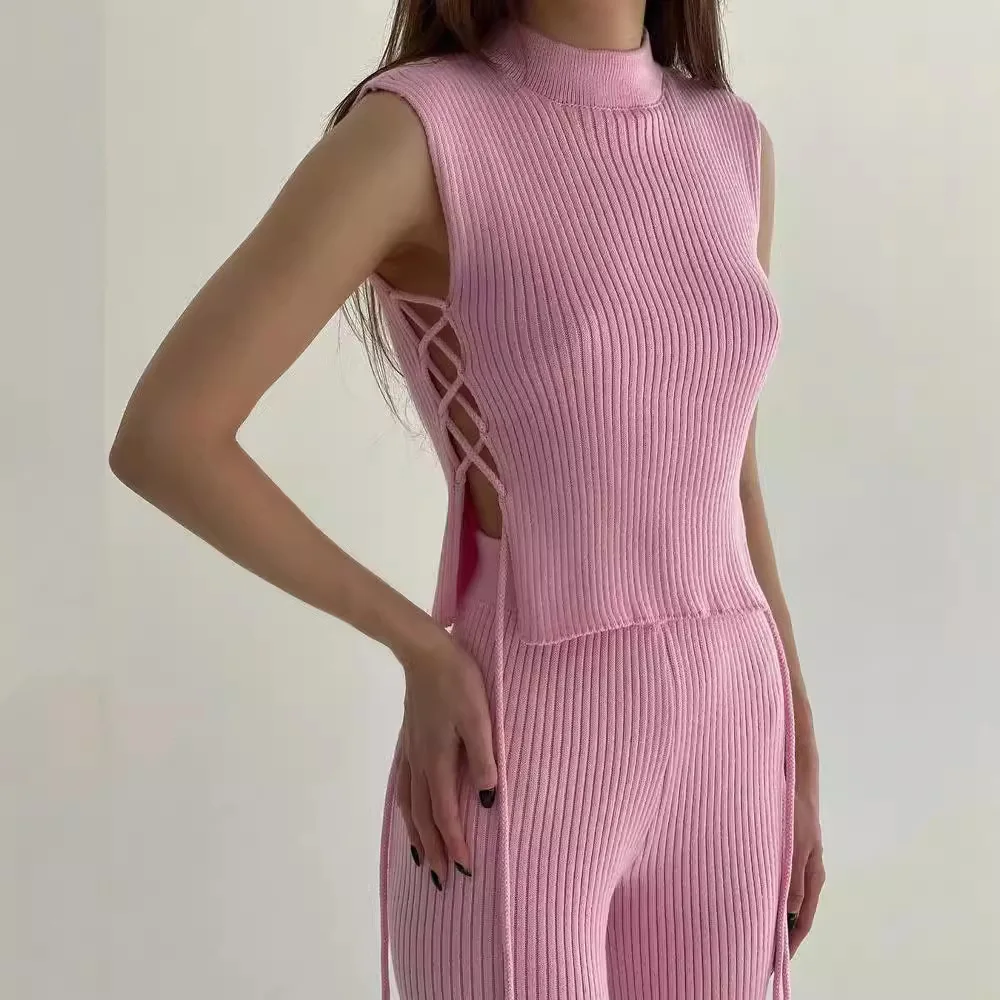 

Knit Sexy Solid Color Lace-up Sleeveless Two-piece Suit Casual Daily Commute Woven Vest Pant Suit