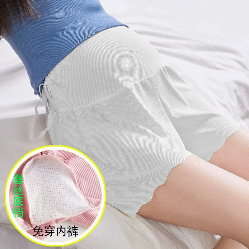 Weiche, kurze Umstandshose für schwangere Frauen, Sommer, hohe Taille, solide, atmungsaktiv, elastisch, sexy Mini-Caprihose, Schwangerschaft, Eisseide – Detail 7