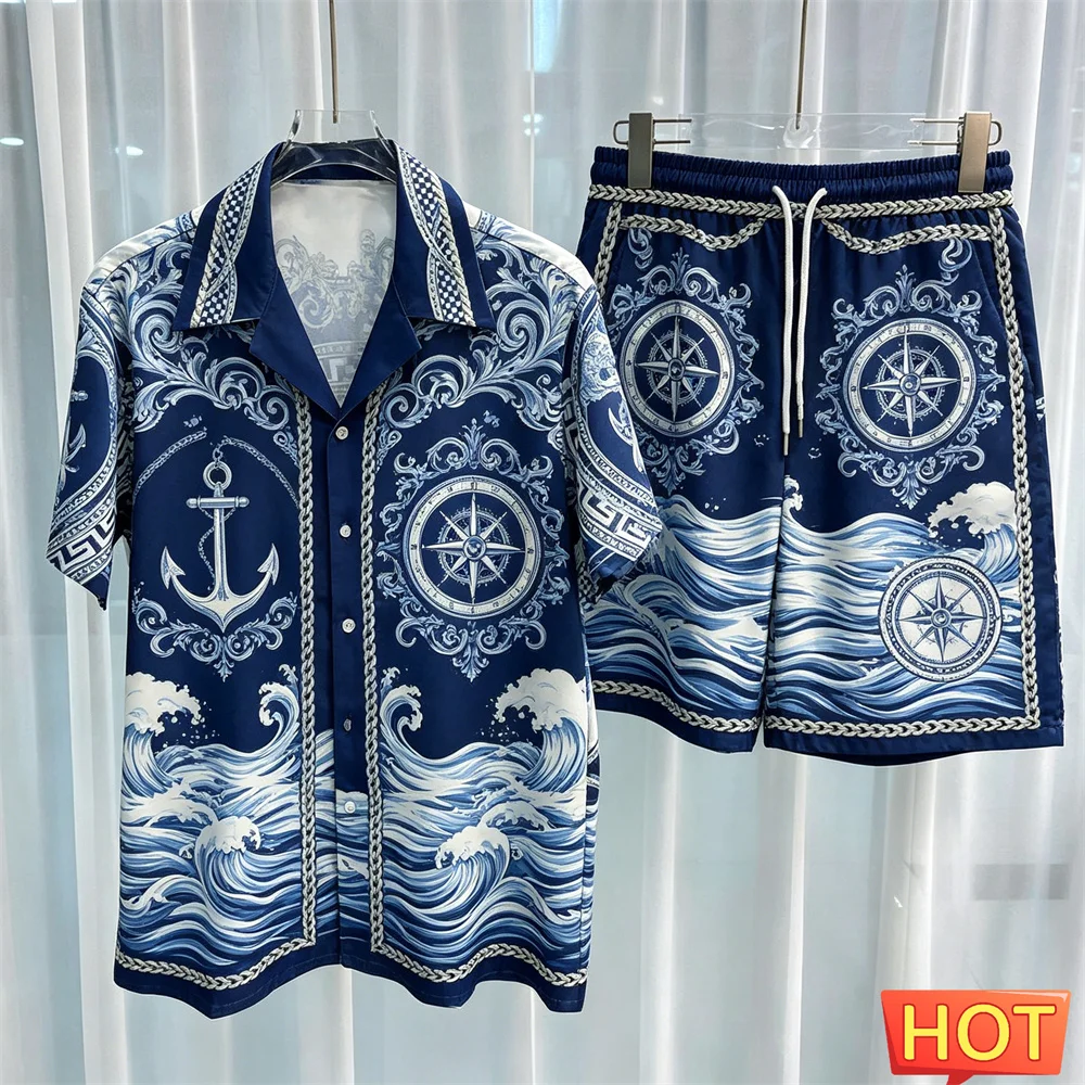 Sailor Pattern Men's Shirt Set Fashion Lapel Short Sleeve and Shorts 2 Piece Outfit Summer Casual Loose Tee Suit Luxury Clothing view 3