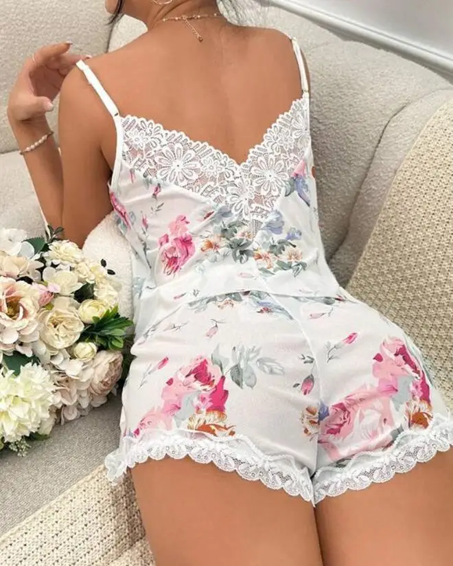 New Fashion 2023 Casual Summer Womens Two Piece Sets Outfit Sexy Floral Print Lace Trim Sleep Cami Set Female Clothing