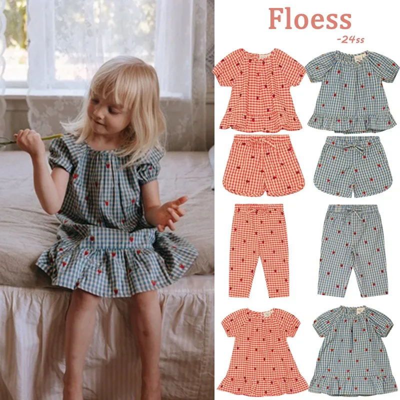 

2024 Summer Floess Children's Clothing Baby Girls Cotton Dress Plaid Strawberry Short Sleeve T Shirts Shorts Suits Kids Clothes