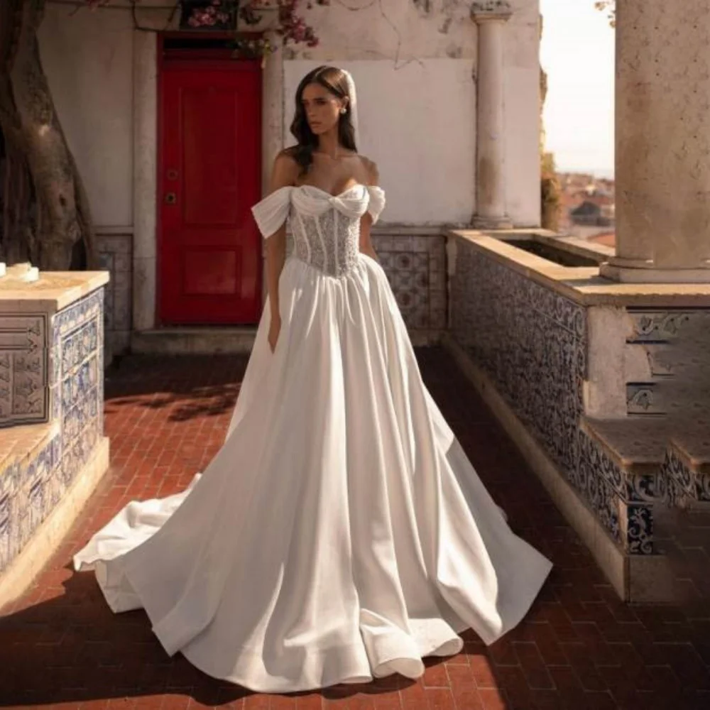 

Customized Lace Applique Wedding Dresses Elegant Sweetheart Off The Shoulder For Women Charming Bridal Gowns Vestidos De Novia