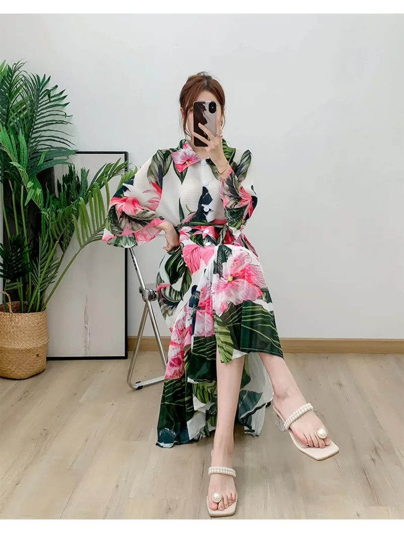 

Mosong Fashion Miyake Pleated 2024 summer new lotus sleeve long cardigan lace-up plus size dress