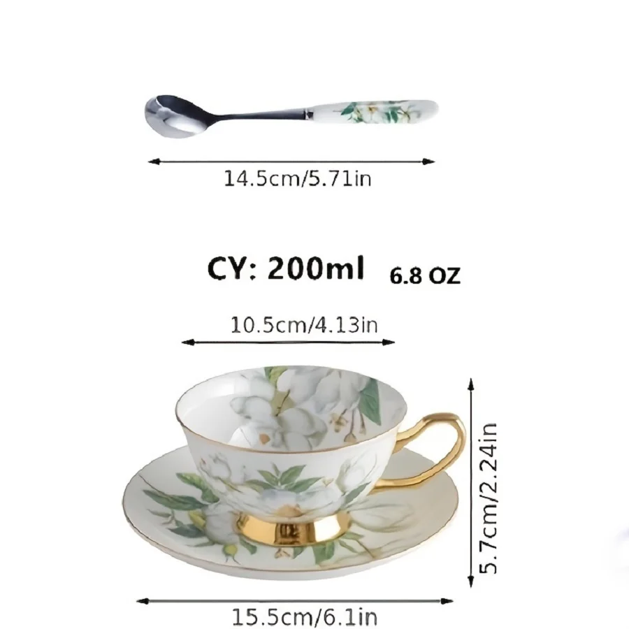 1set Pastoral Ceramic Tea Cup Set with Saucer and Spoon-6.76oz-Perfect for Teatime and Coffee-Porcelain Teacup and Cafe Cup