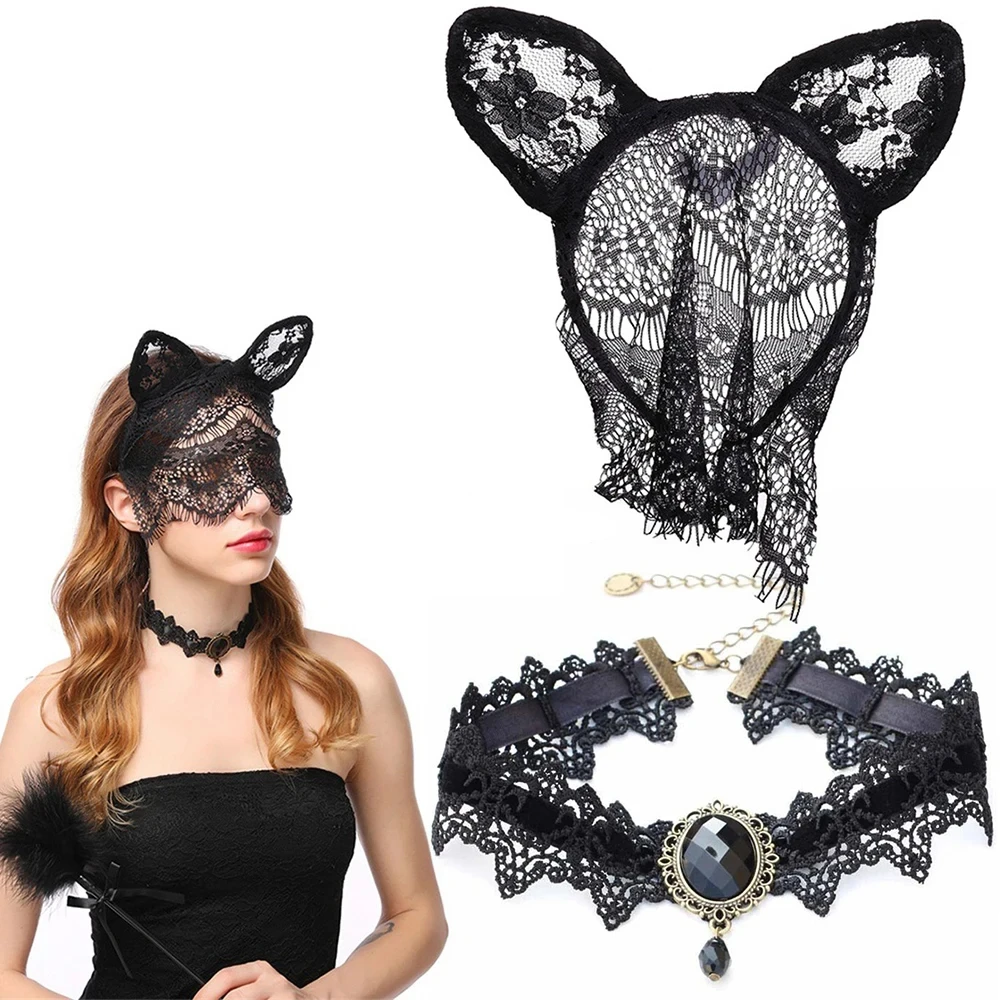 

Anime Lace Hair Hoop Cat Rabbit Ear Headband Necklace Set Sexy Bunny Girl Cosplay Party Face Mask Props Women Nightclub Eye Mask