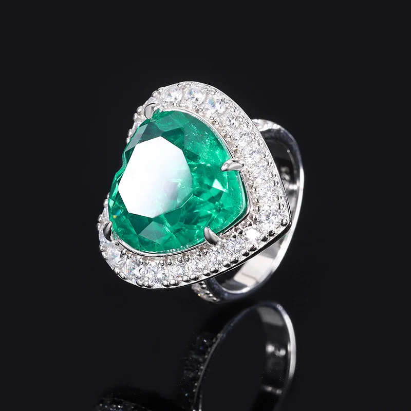 Jewelry S925 Silver Emerald Green Heart-Shaped Full Diamond Fashion Retro Set for Women 15*15