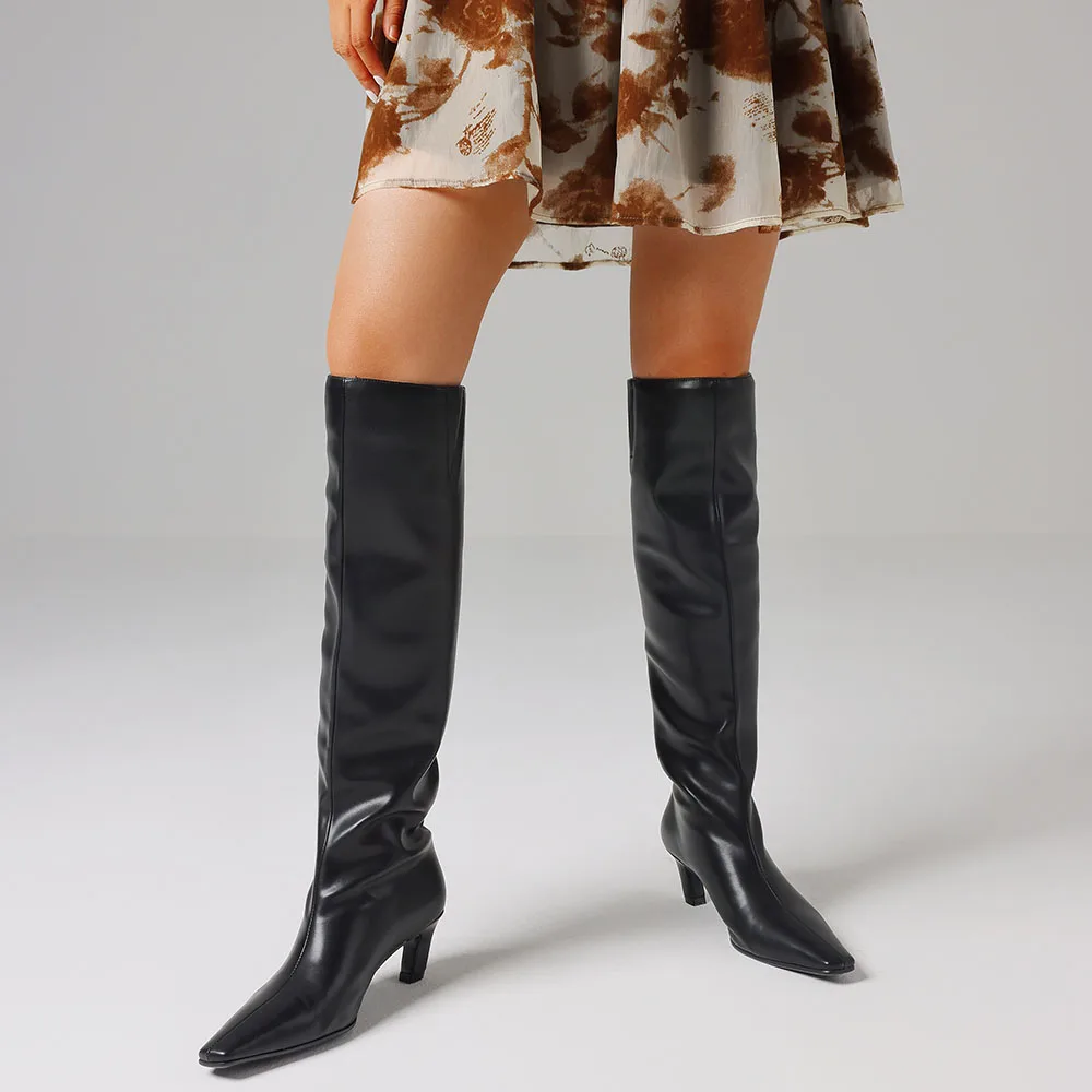 Botas sexis por encima de la rodilla para mujer, botas negras con punta cuadrada y tacón de gatito hasta la rodilla, botas de lujo para discoteca para mujer