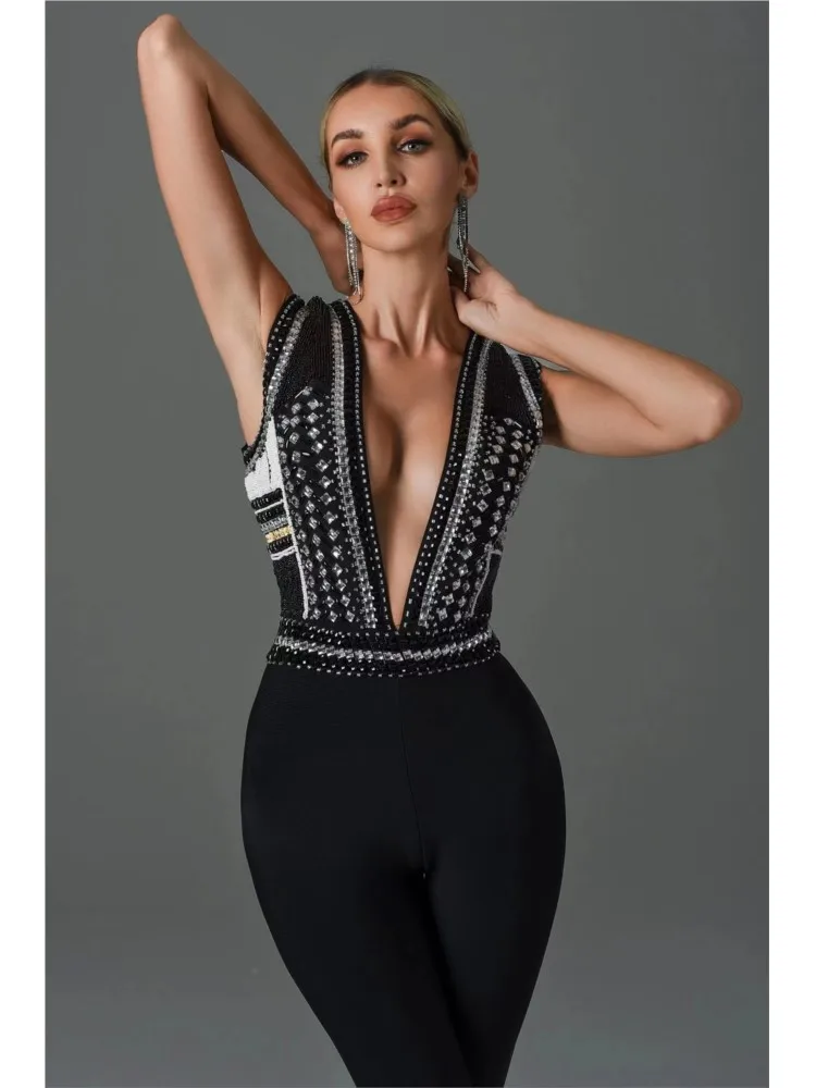 

Heavy Industry Exquisite Nail Bead Nail Diamond Sexy Deep V Sleeveless Bandage Jumpsuit Fashion And Casual