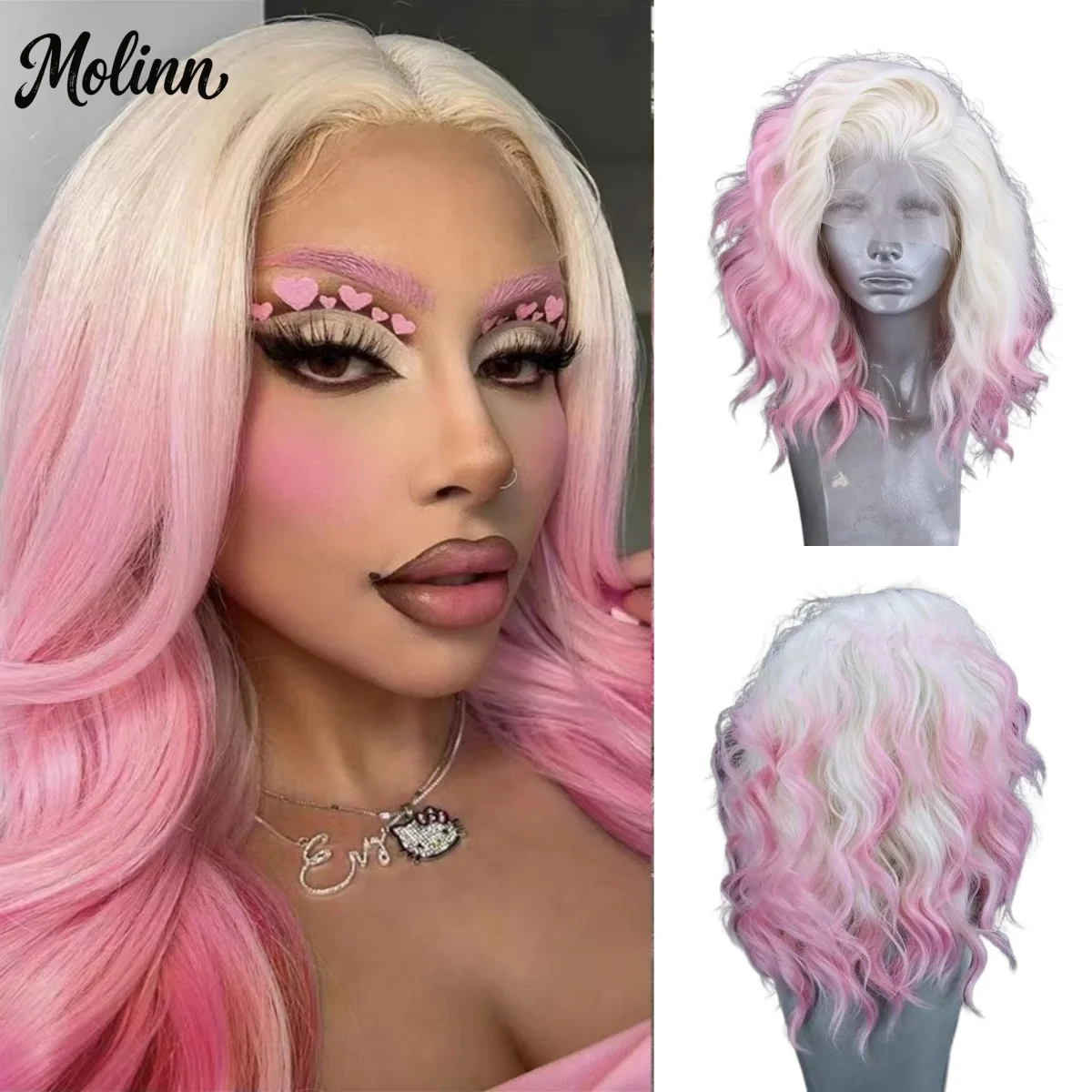 Perruque Ombrée Rose Courte Ondulée Bob 13x4 HD Synthétique pour Femme, Perruque Courte Lace Front Ondulée sans Colle Résistante à la Chaleur pour Cosplay