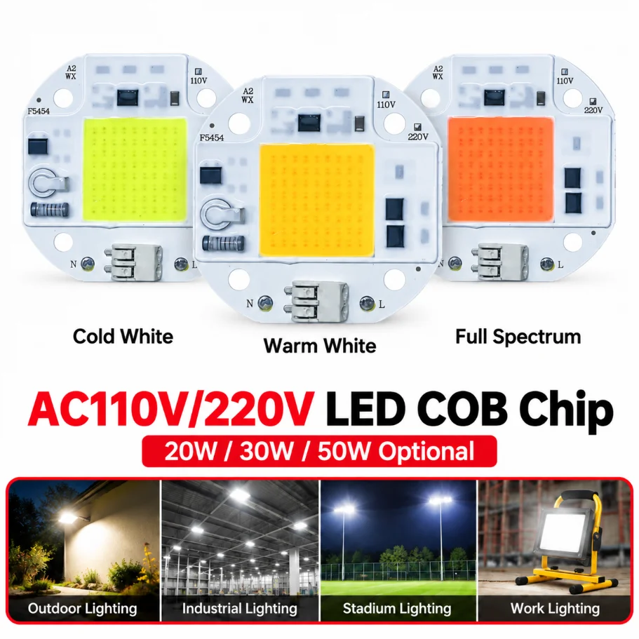 110V/220V LED COB Chip 20W 30W 50W No Need Driver Cold Warm White Full Spectrum for Flood Light Outdoor Industrial DIY Lighting