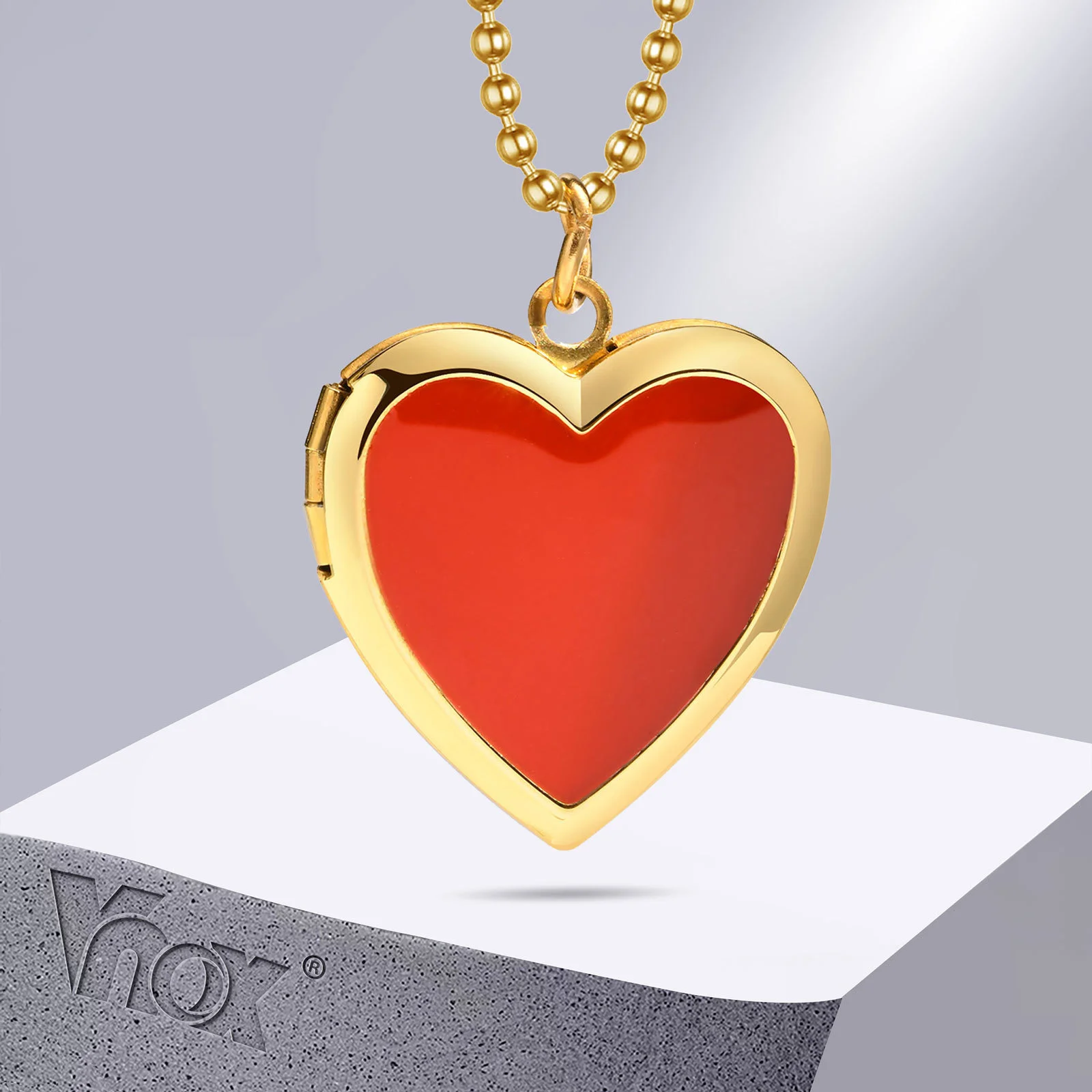 Vnox Heart Locket Necklace for Women, Photo Frame Pendant with Adjustable Beads Chain, Gold Color Stainless Steel Classic Collar