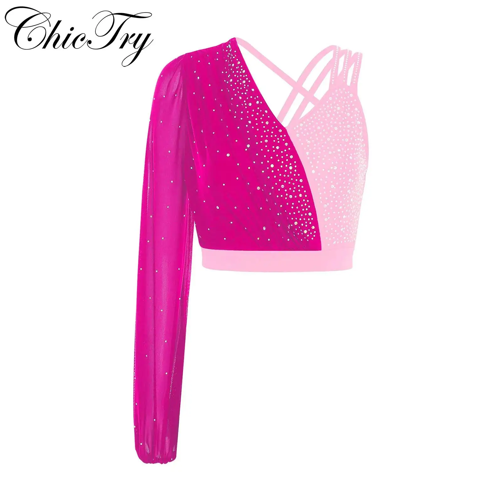 

Womens Lyrical Dance Crop Top Long Sleeve Ballet Top Sparkly Rhinestone Contrast Color Modern Contemporary Ice Skating Dancewear