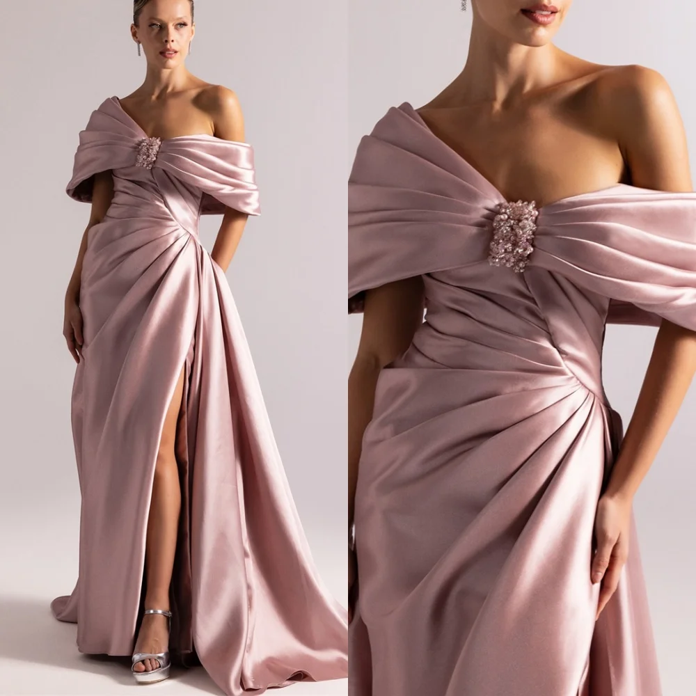 Sukienka wieczorowa satynowa szampańska z temperamentem na zamówienie, klasyczna, bez ramiączek, z odkrytymi ramionami, bez rękawów, zapinana na zamek z tyłu, na przyjęcie.