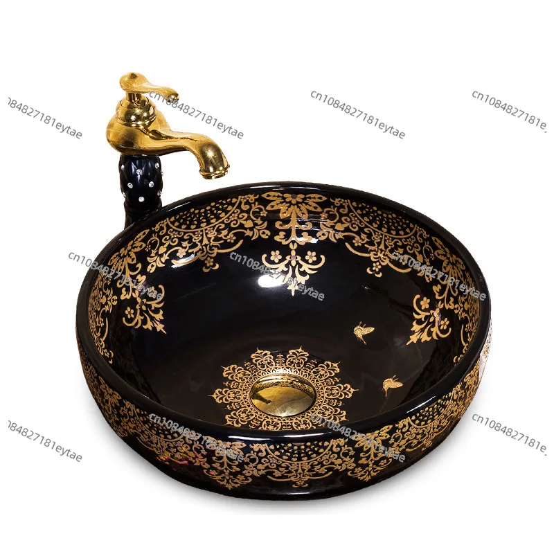 Luxury Gold European Ceramic Countertop Washbasin Round for Hotel Bathroom